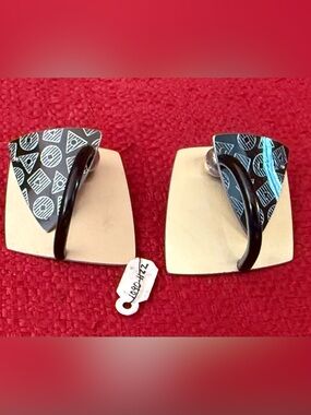 Handcrafted Artisan Geometric Post Earrings – Metal & Patterned Black Accent
